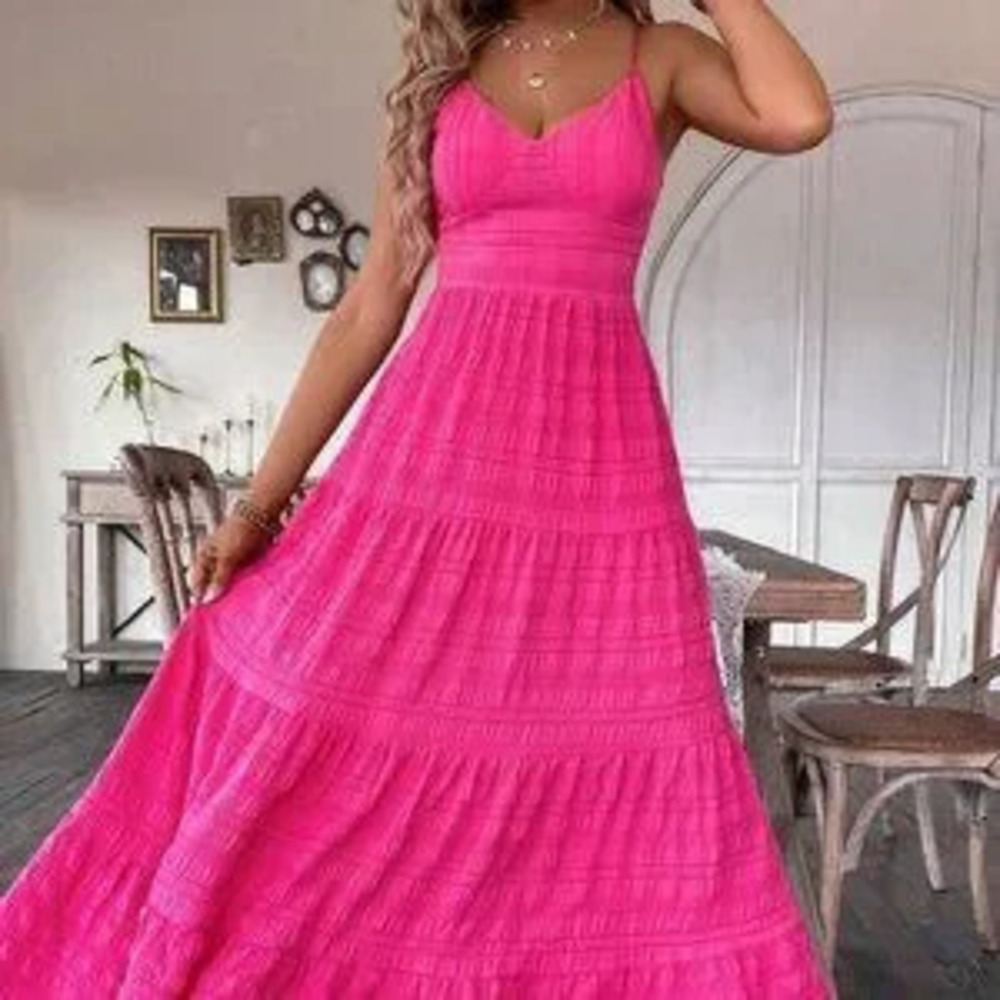 Pink Boho Ladies' Textured Long Slip Dress With Spaghetti Straps